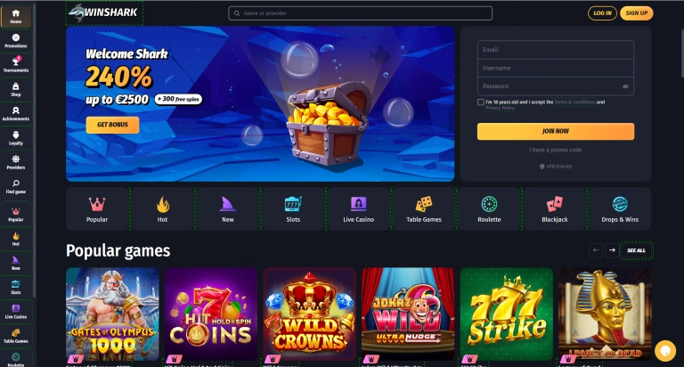 winshark kazino main page
